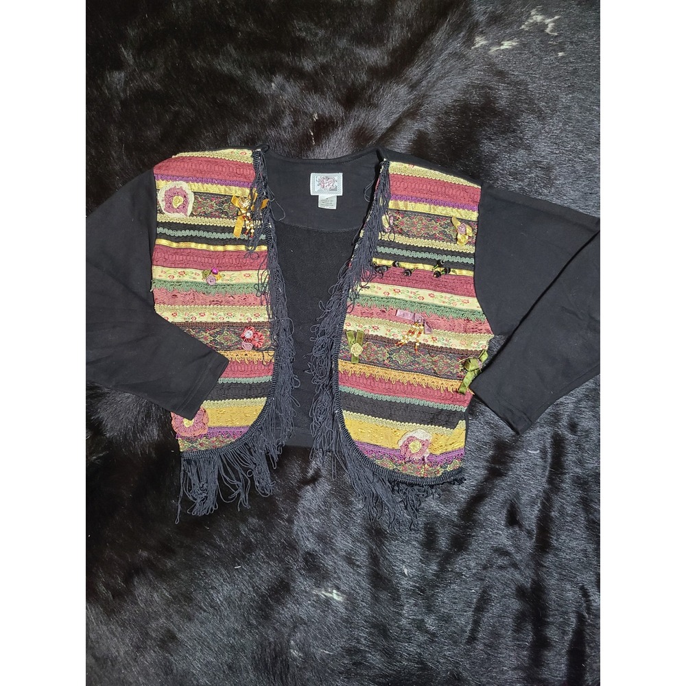 Jayne Cardigan Women Small Black Multi Tapestry Fringe Boho Embellished Sweater